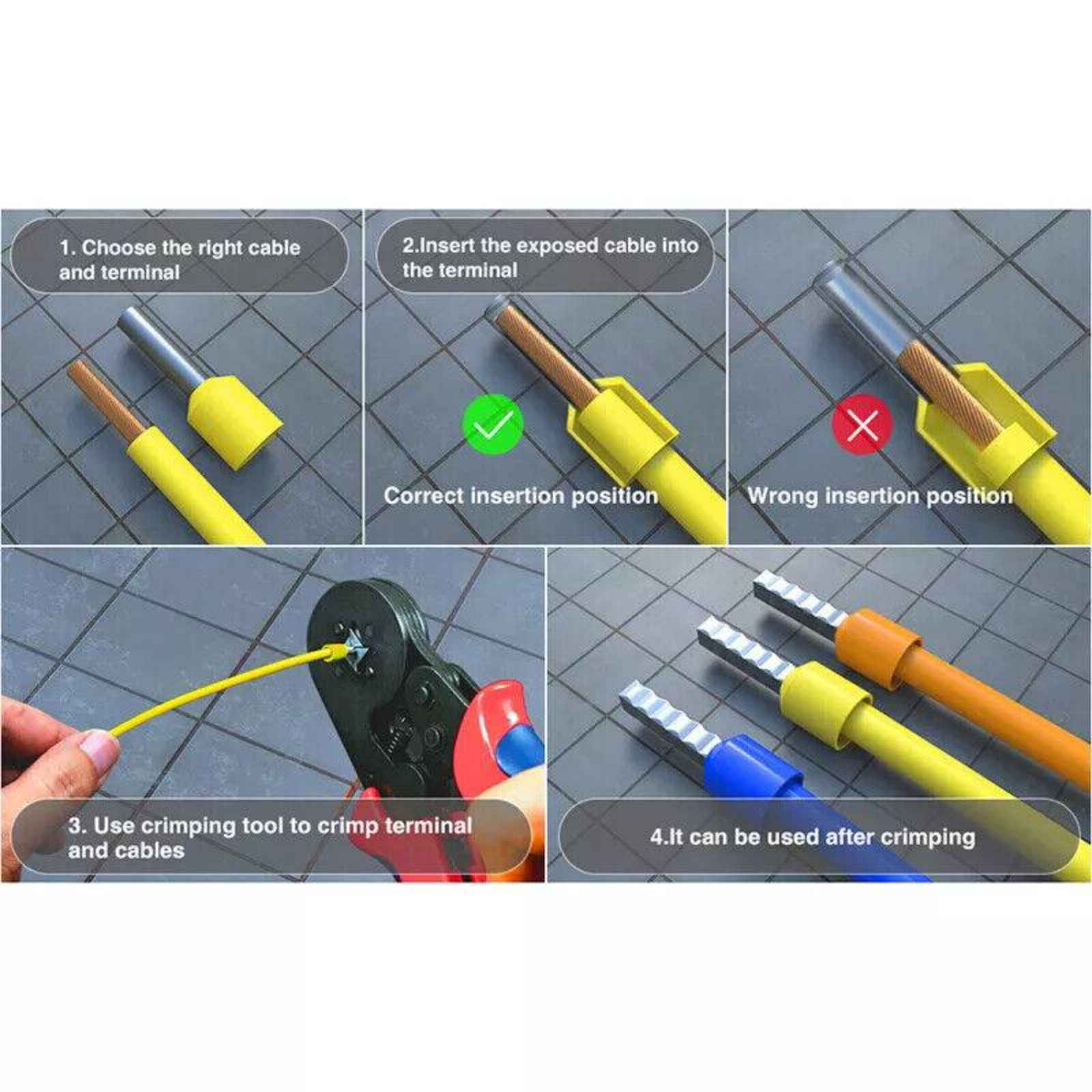 Anweisungen zur Verwendung einer Crimpzange: Kabel auswählen, einsetzen, crimpen und verwenden. Bilder zeigen jeden Schritt.