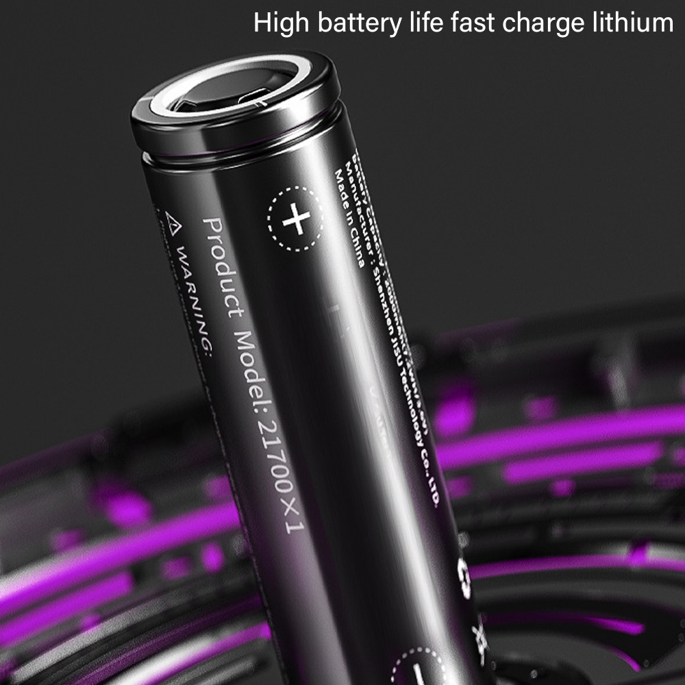 Eine schwarze zylindrische Batterie mit weißen Plus- und Minuszeichen. Auf der Batterie steht 'Product Model: 21700X1'.