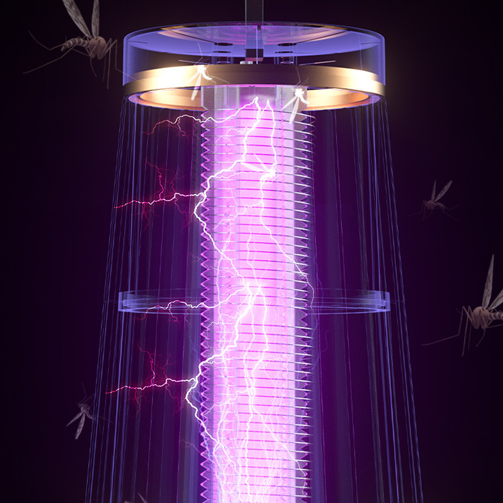 Nahaufnahme eines Insektenvernichters. Lila Licht mit Funken. Umgeben von 4 Mückenillustrationen.