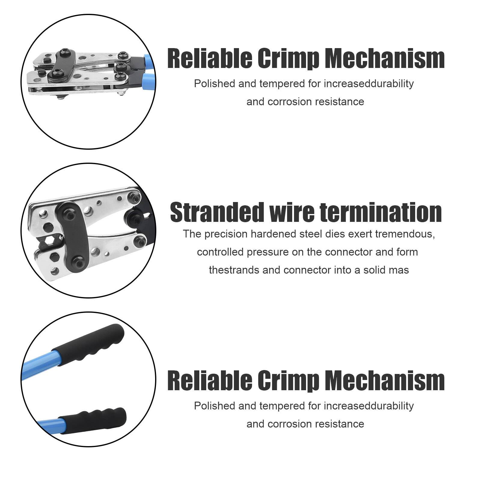 Nahaufnahme eines Crimpwerkzeugs, seiner Teile und Text, der seinen zuverlässigen Crimpmechanismus beschreibt.