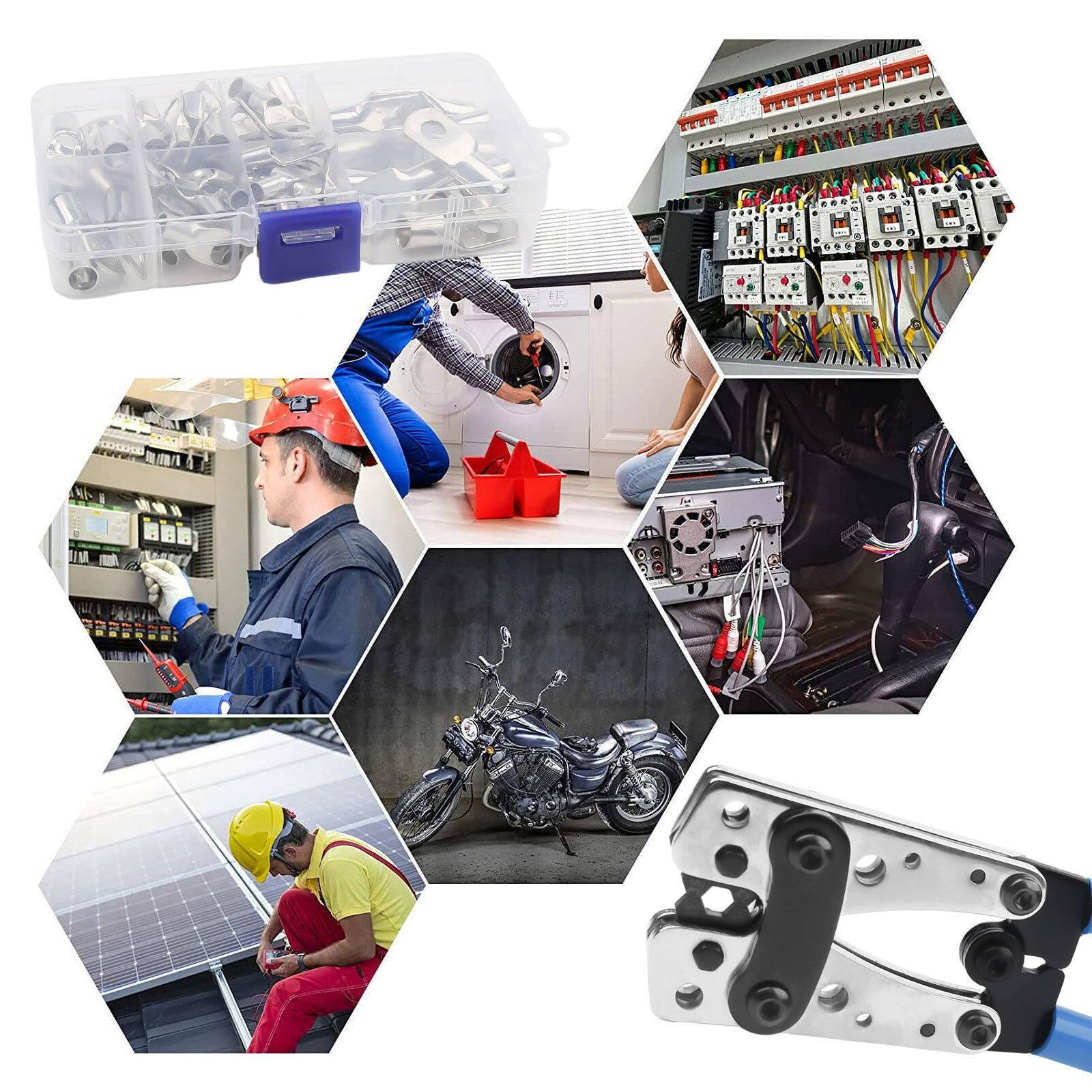 Eine Collage mit elektrischen Komponenten, einer Person, die an Drähten arbeitet, einem Motorrad und einem Crimpwerkzeug.