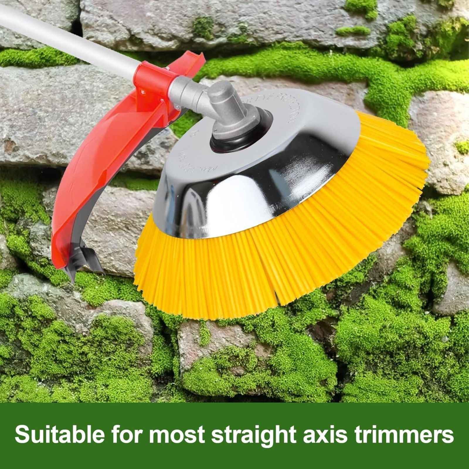 Ein gelber Bürstenkopf an einem Trimmer, geeignet für die meisten Trimmer mit gerader Achse, mit einem roten Schutz.