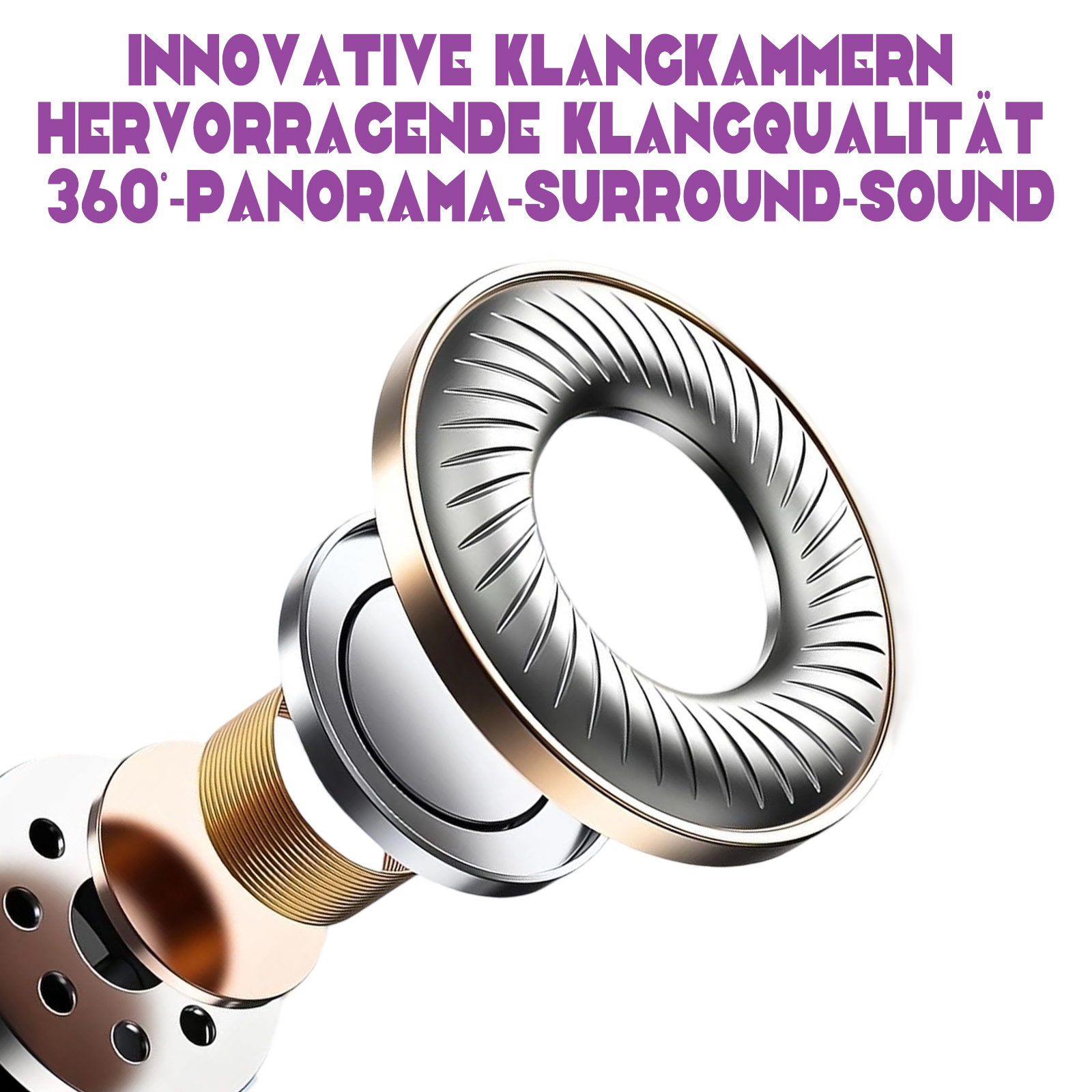 Explosionsansicht eines Ohrhörers, die seine internen Komponenten und 360°-Surround-Sound-Funktionen zeigt.