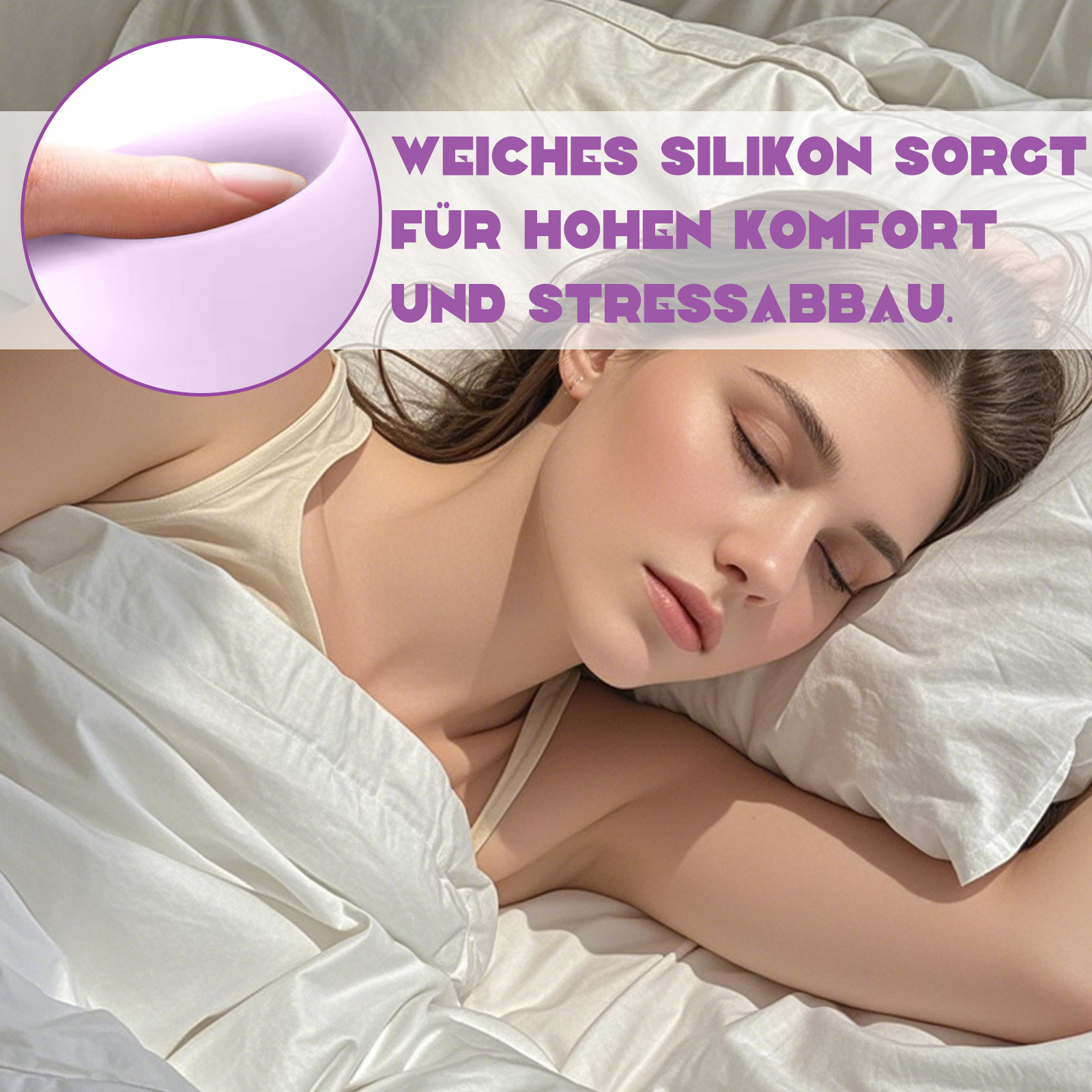 Eine schlafende Frau mit lila Ohrhörern.