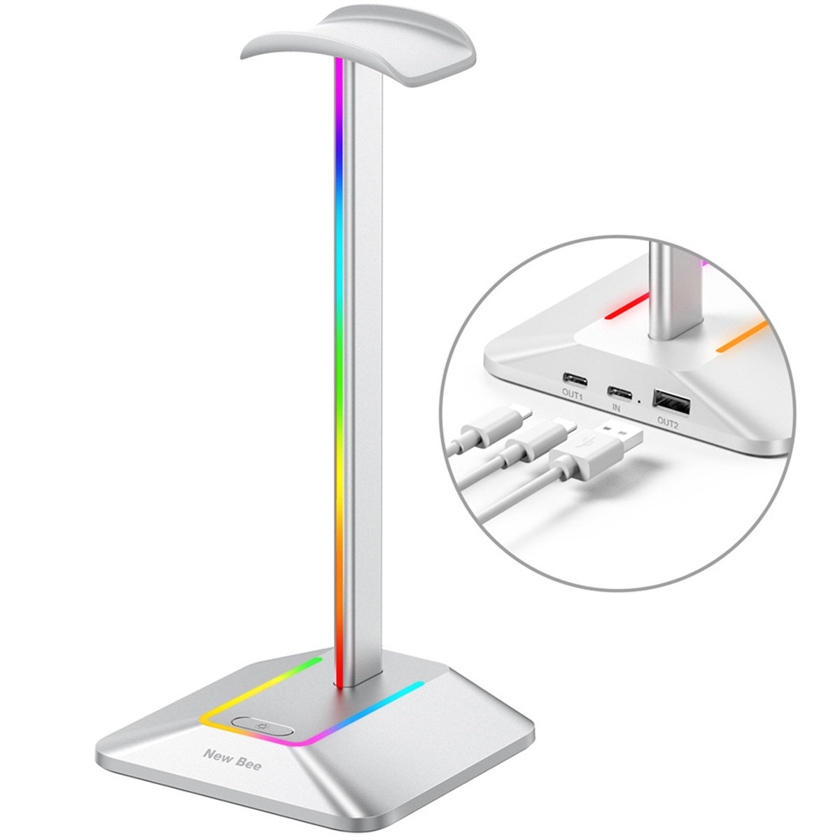 Silberner Kopfhörerständer mit RGB-Beleuchtung und einem New Bee-Logo. Er hat eine Basis mit USB-Anschlüssen.