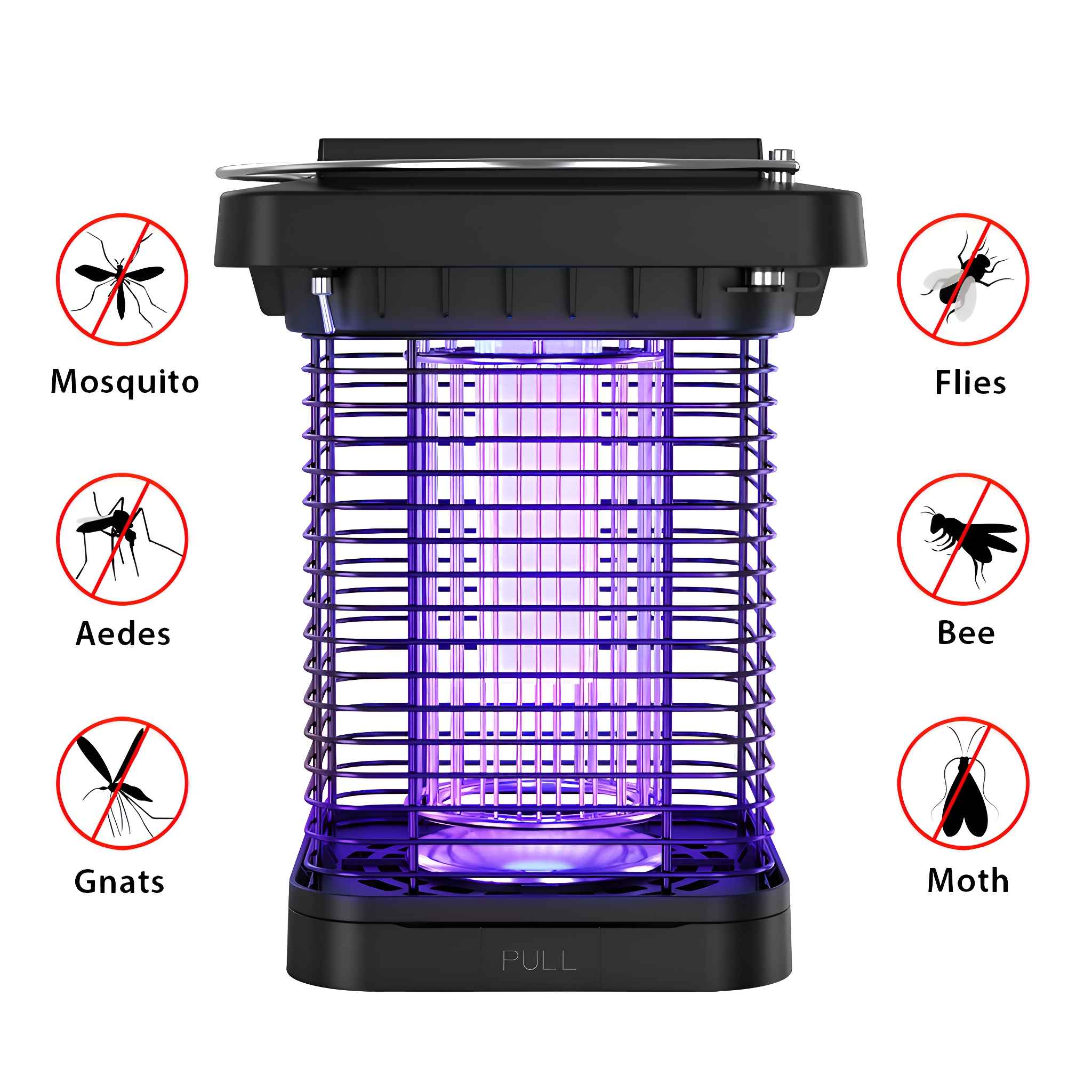 Schwarzer Insektenvernichter mit UV-Licht, umgeben von Symbolen, die verschiedene Insektenarten anzeigen, die es anzieht.