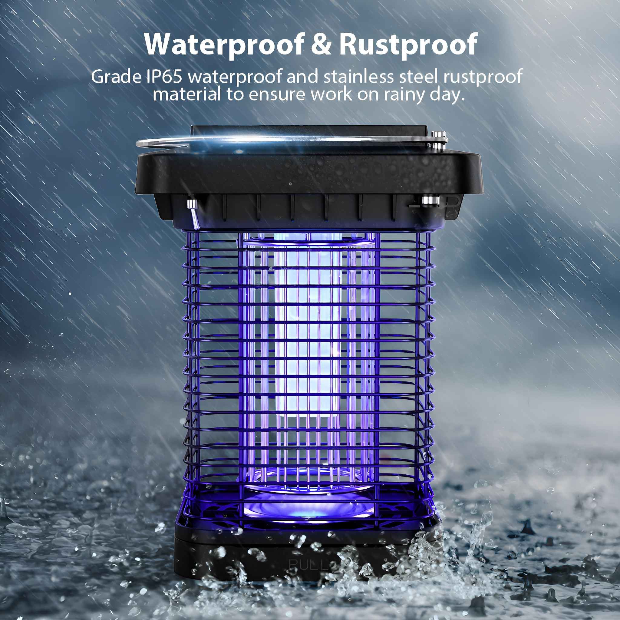 Schwarzer Insektenvernichter mit blauem UV-Licht, mit Wassertropfen, in einer regnerischen Umgebung. Liest: Wasserdicht & Rostfrei.