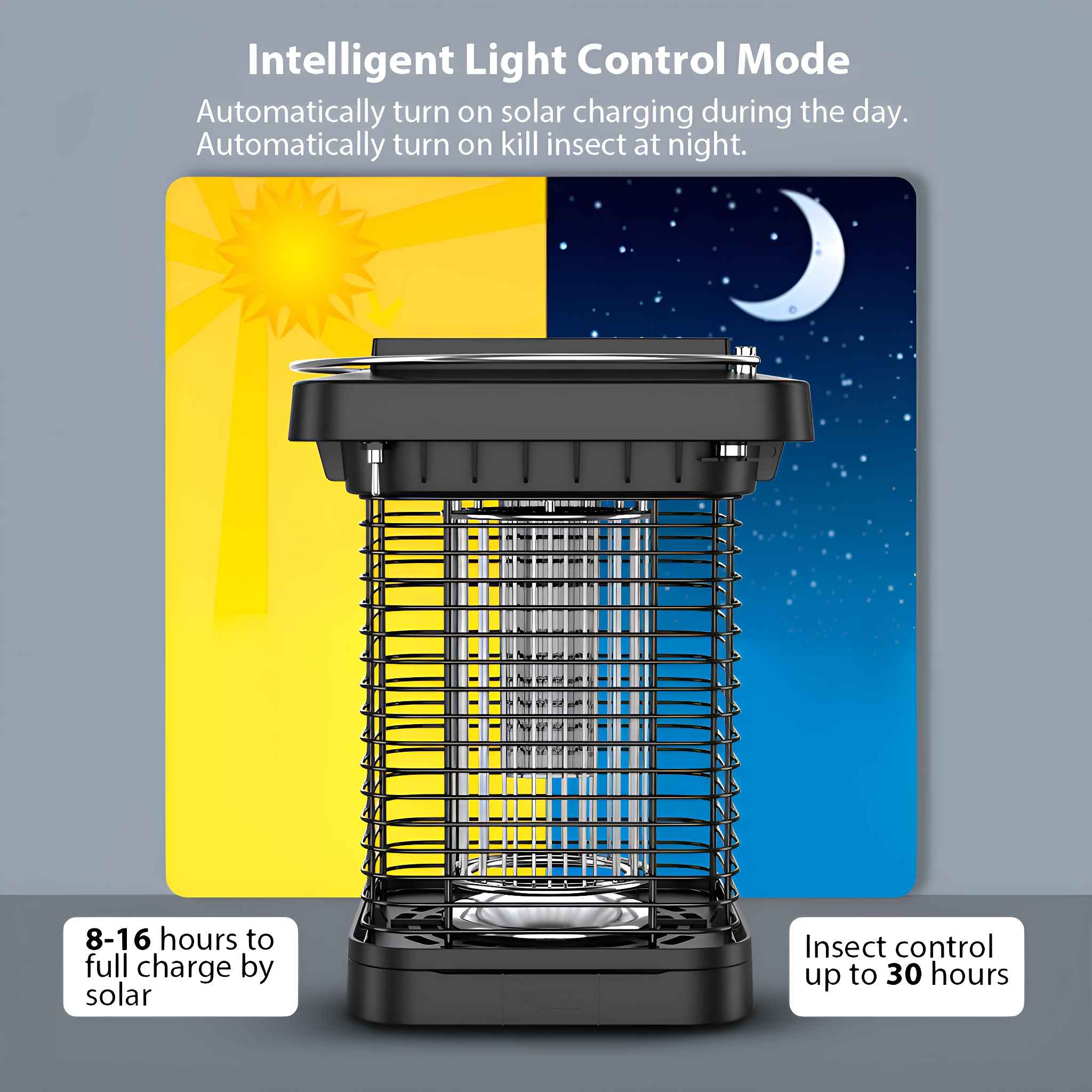 Ein schwarzer Insektenvernichter mit Solarpanel, der Tag- und Nachtmodi zeigt. Text besagt 'Intelligent Light Control Mode'.