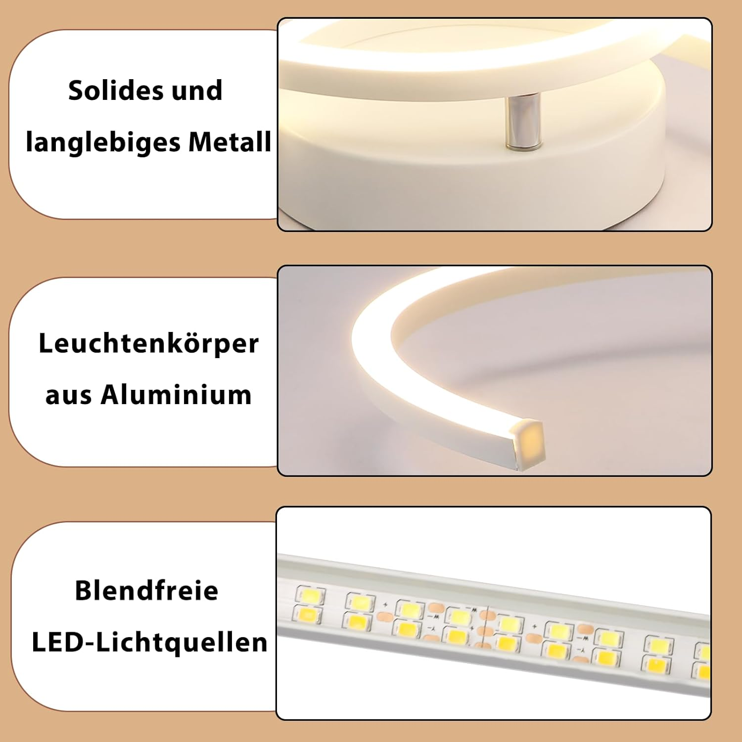 Primo piano di un apparecchio di illuminazione a soffitto bianco. Vengono mostrati i dettagli delle parti metalliche, del corpo luce in alluminio e delle luci a LED.