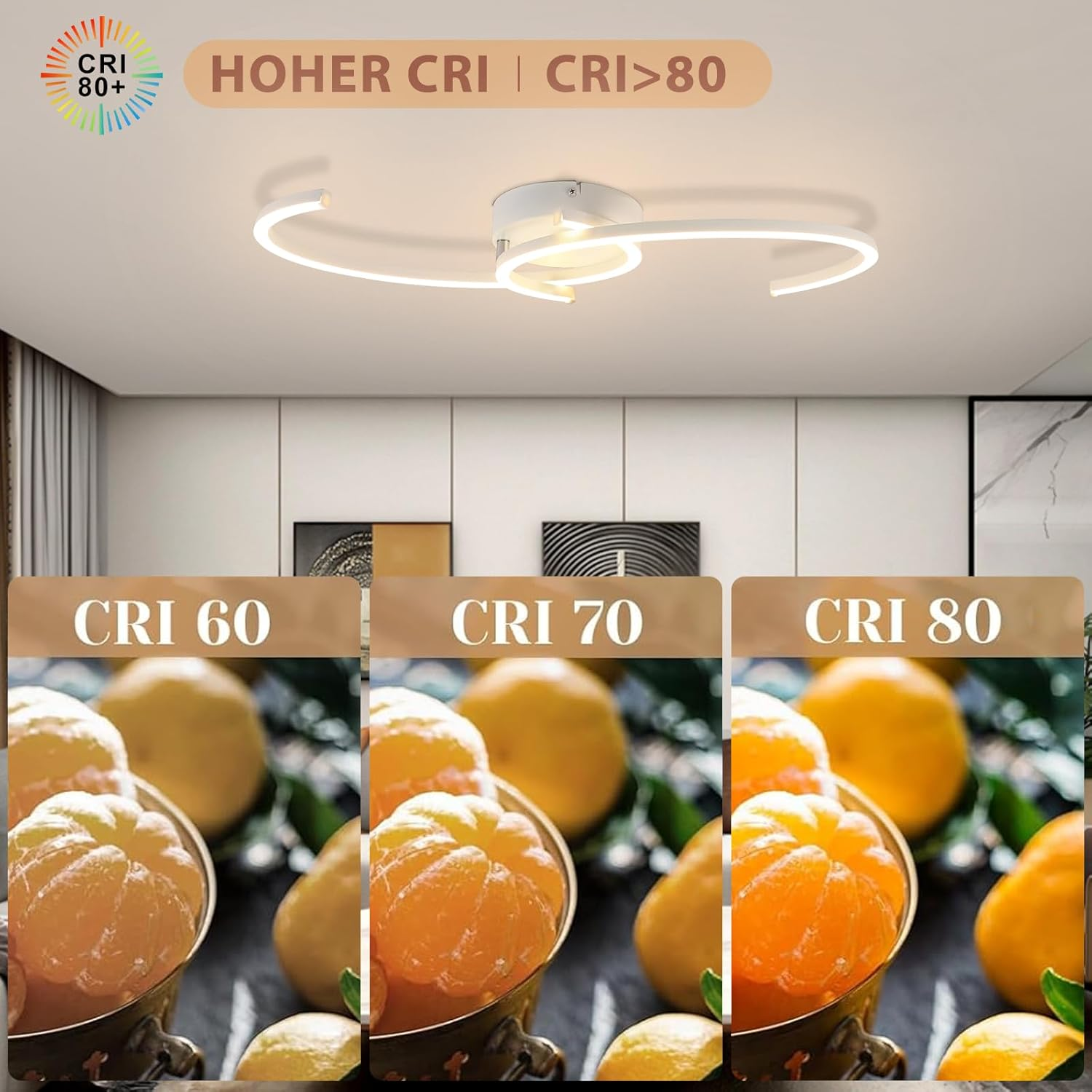 Plafoniera bianca con un design curvo. L'immagine mostra anche mandarini e un confronto CRI: 60, 70 e 80.