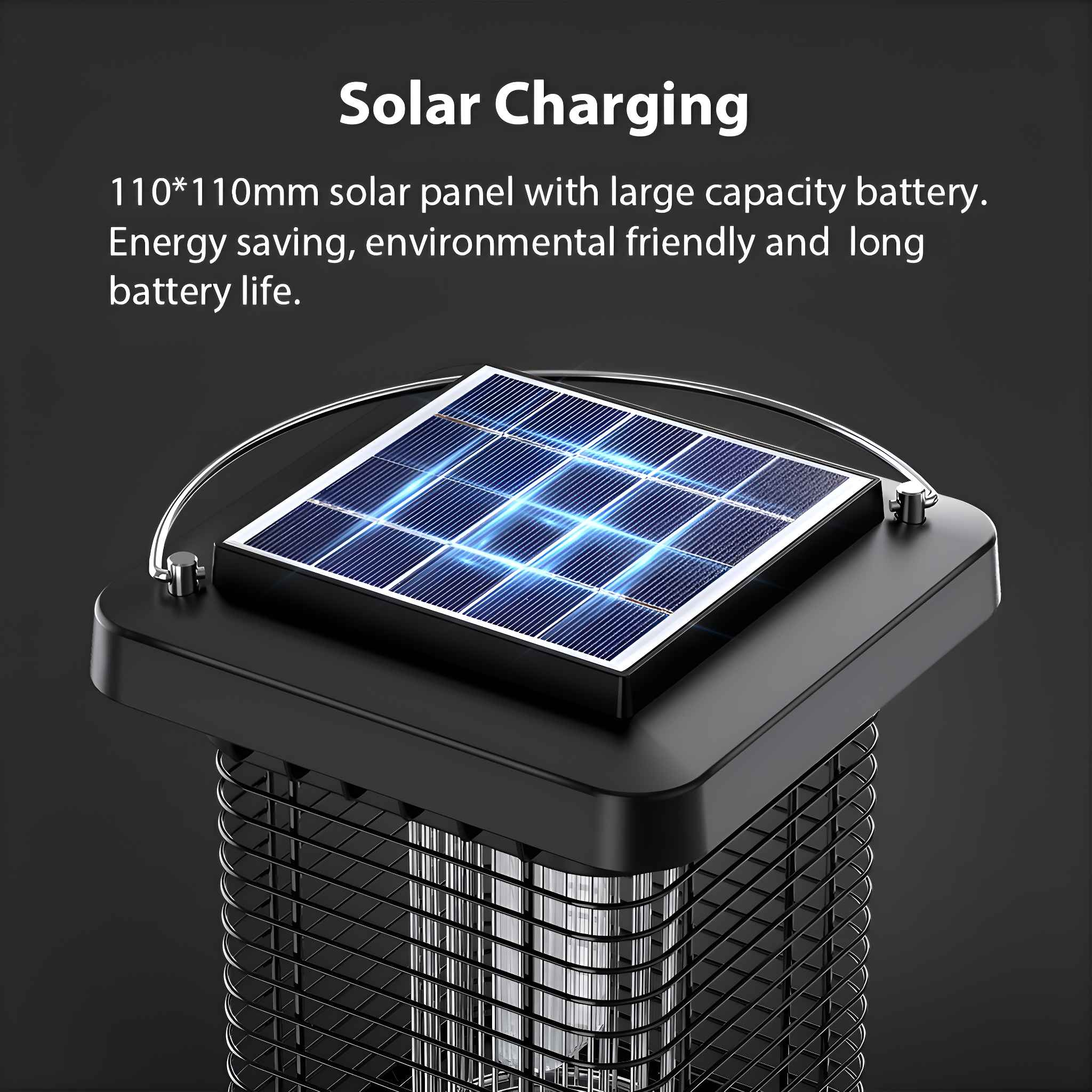 Nahaufnahme eines Solarpanels auf einem schwarzen Insektenvernichter. Text sagt 'Solar Charging' und Details zum Panel.