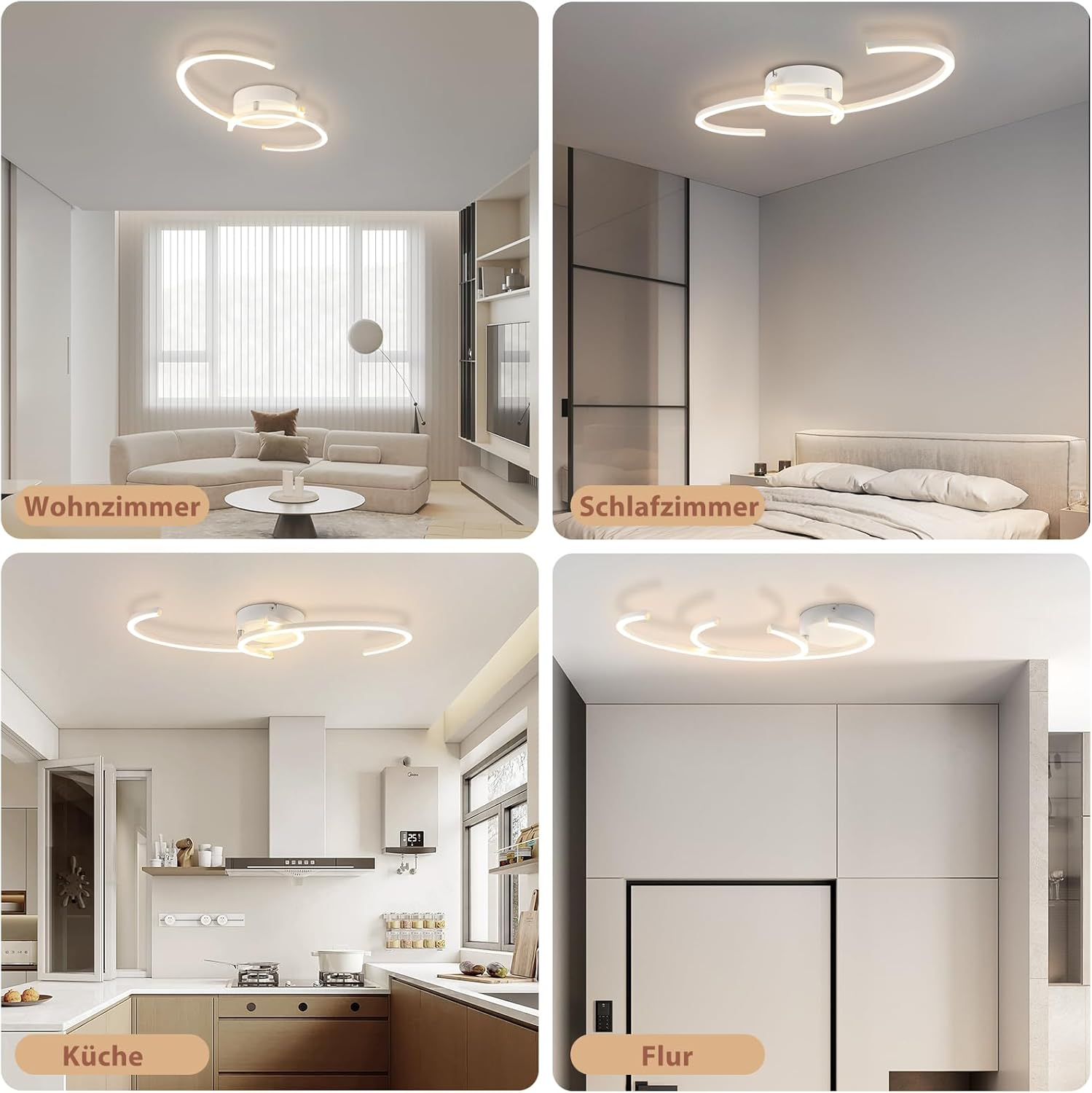 Quattro immagini che mostrano una luce a soffitto bianca in diverse stanze: soggiorno, camera da letto, cucina e corridoio.