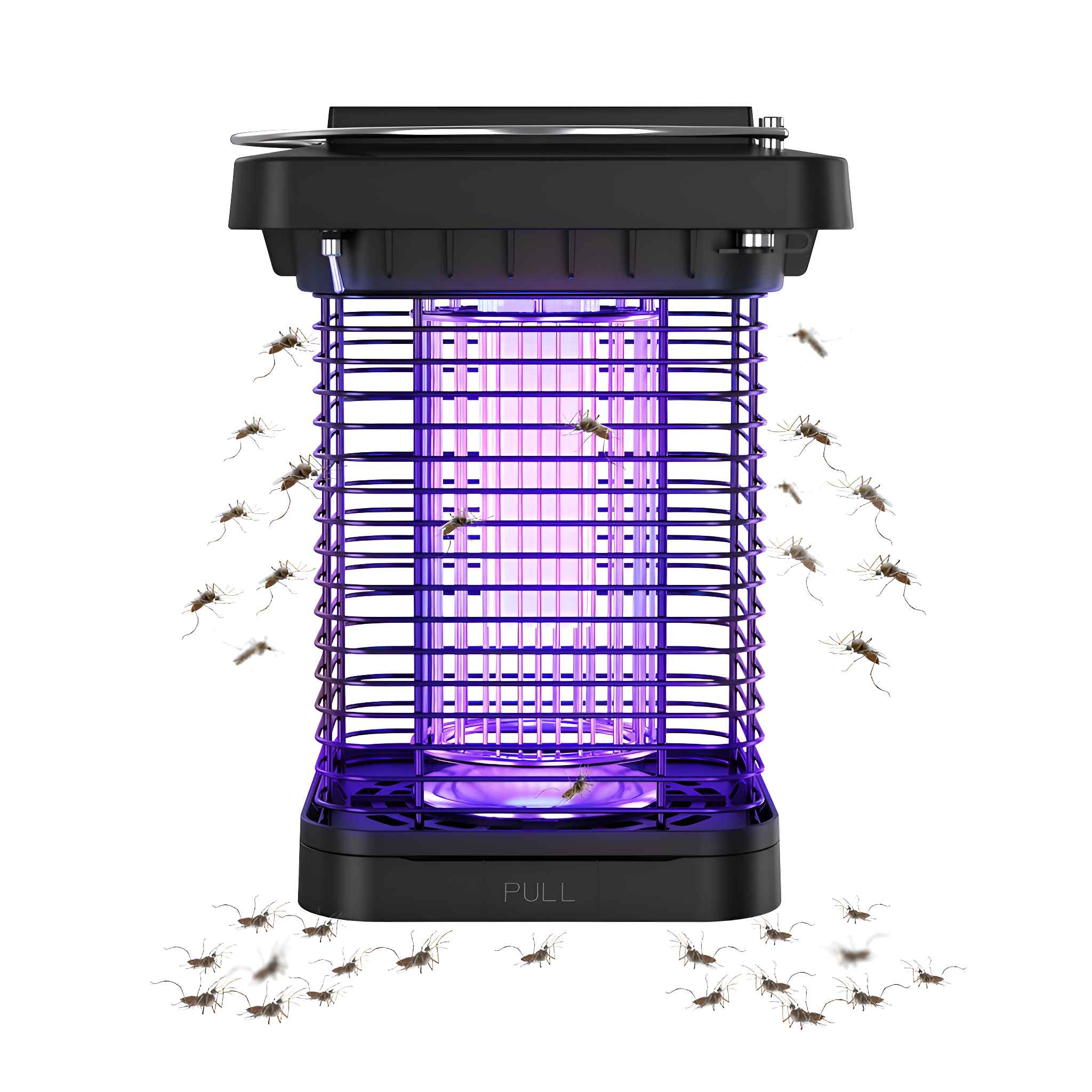 Ein schwarzer Insektenvernichter mit violettem Licht, das Mücken anzieht. Viele Mücken fliegen um das Gerät herum.
