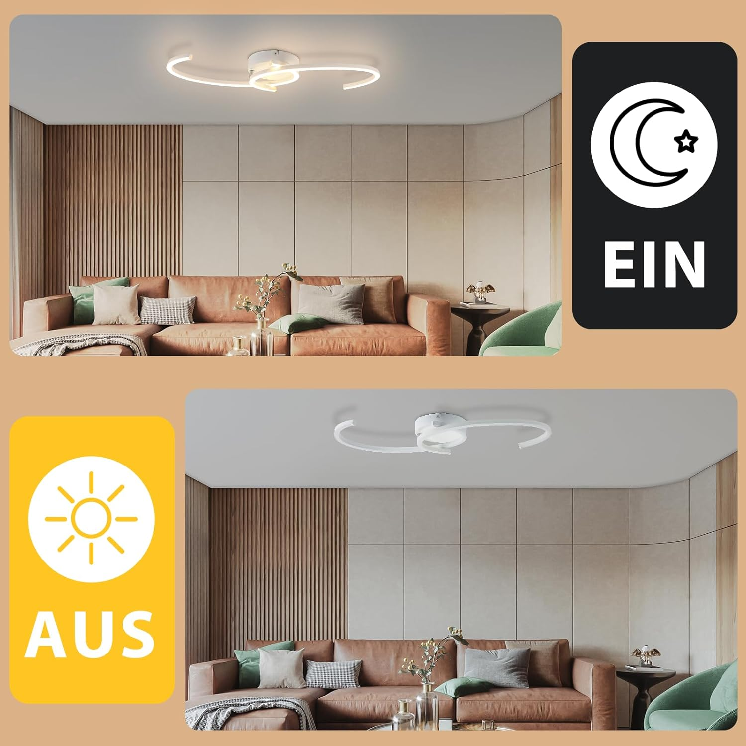 Due immagini che mostrano una luce a soffitto bianca. Una è accesa e l'altra è spenta. La luce ha un design unico.