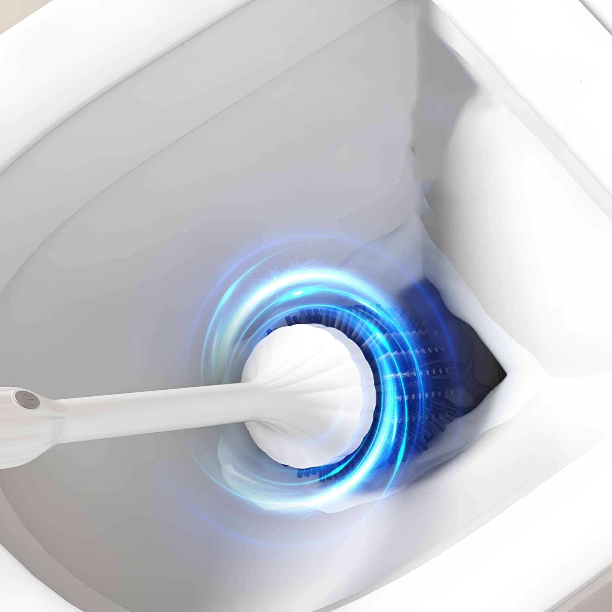 Eine weiße Toilettenschüssel mit einer Toilettenbürste darin. Die Bürste hat einen blauen Leuchteffekt um sich herum.