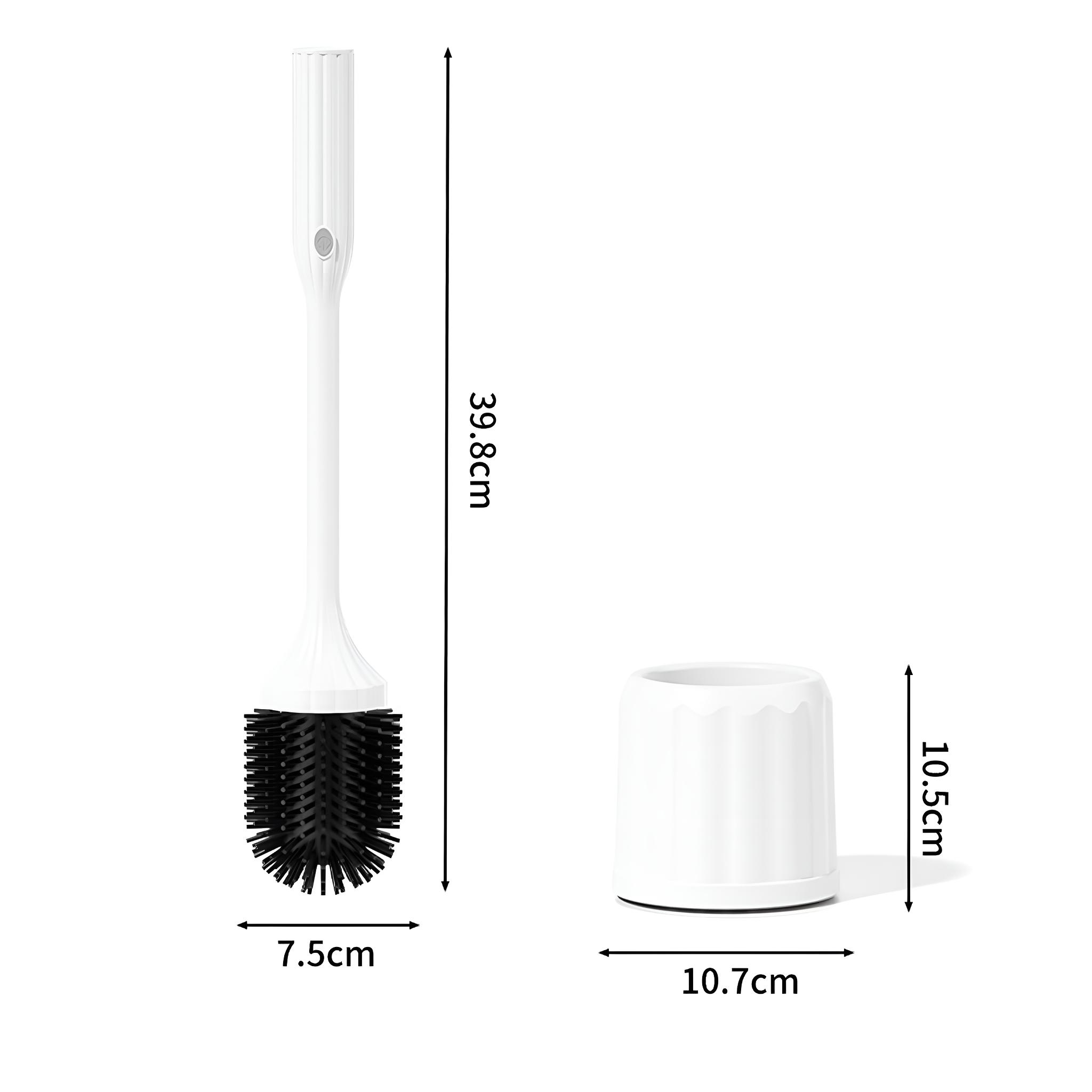 Ein weißes Toilettenbürsten- und Halter-Set. Die Bürste ist hoch und schlank mit einem schwarzen Bürstenkopf. Maße sind angegeben.