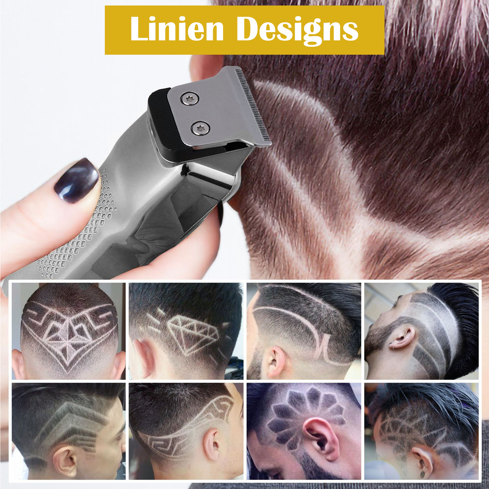 Eine Hand hält einen silbernen Haarschneider. Mehrere Haarschnitte sind unter dem Text 'Linien Designs' abgebildet.