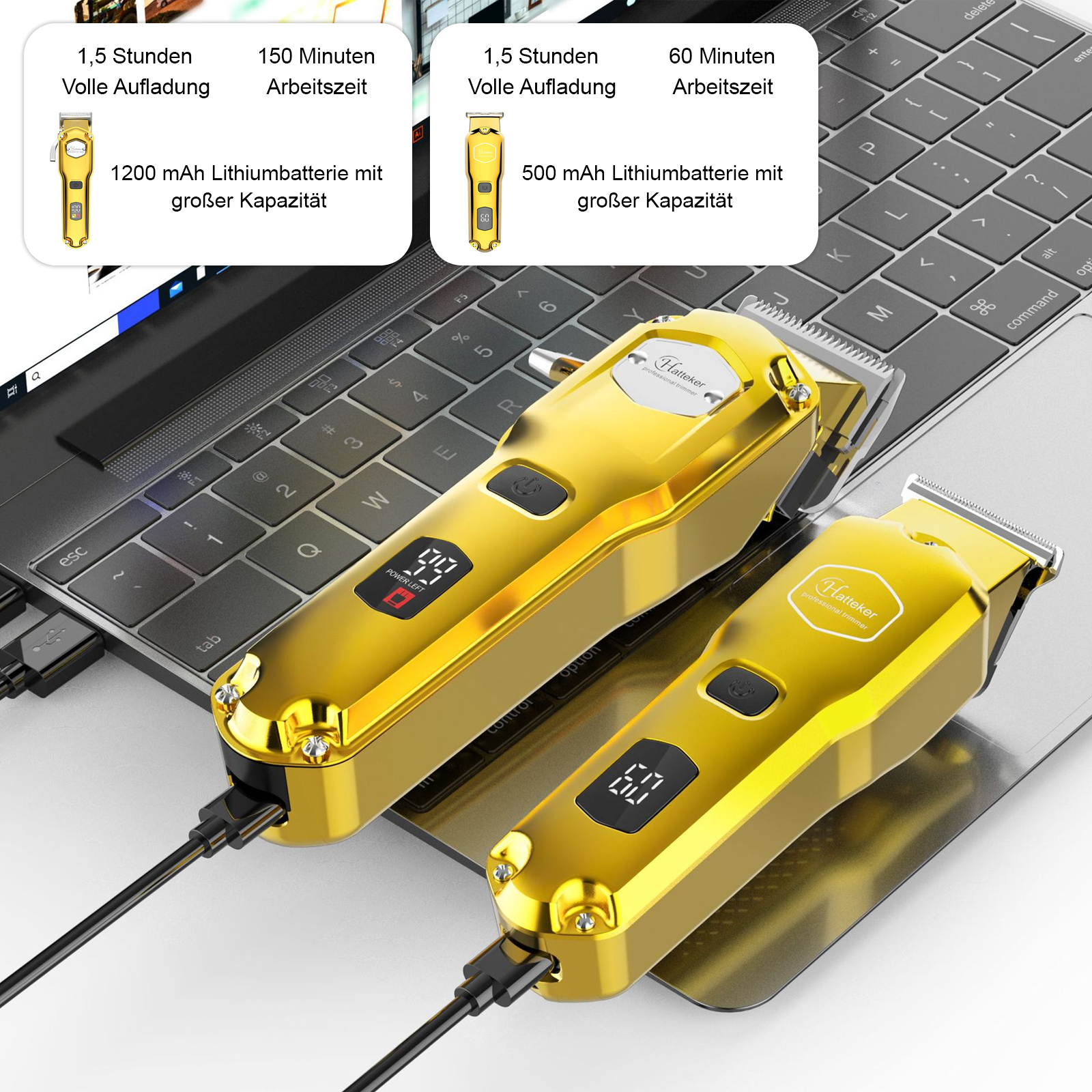 Zwei goldene Haarschneidemaschinen auf einem Laptop, mit Texten zu Akkulaufzeit und Arbeitszeit.