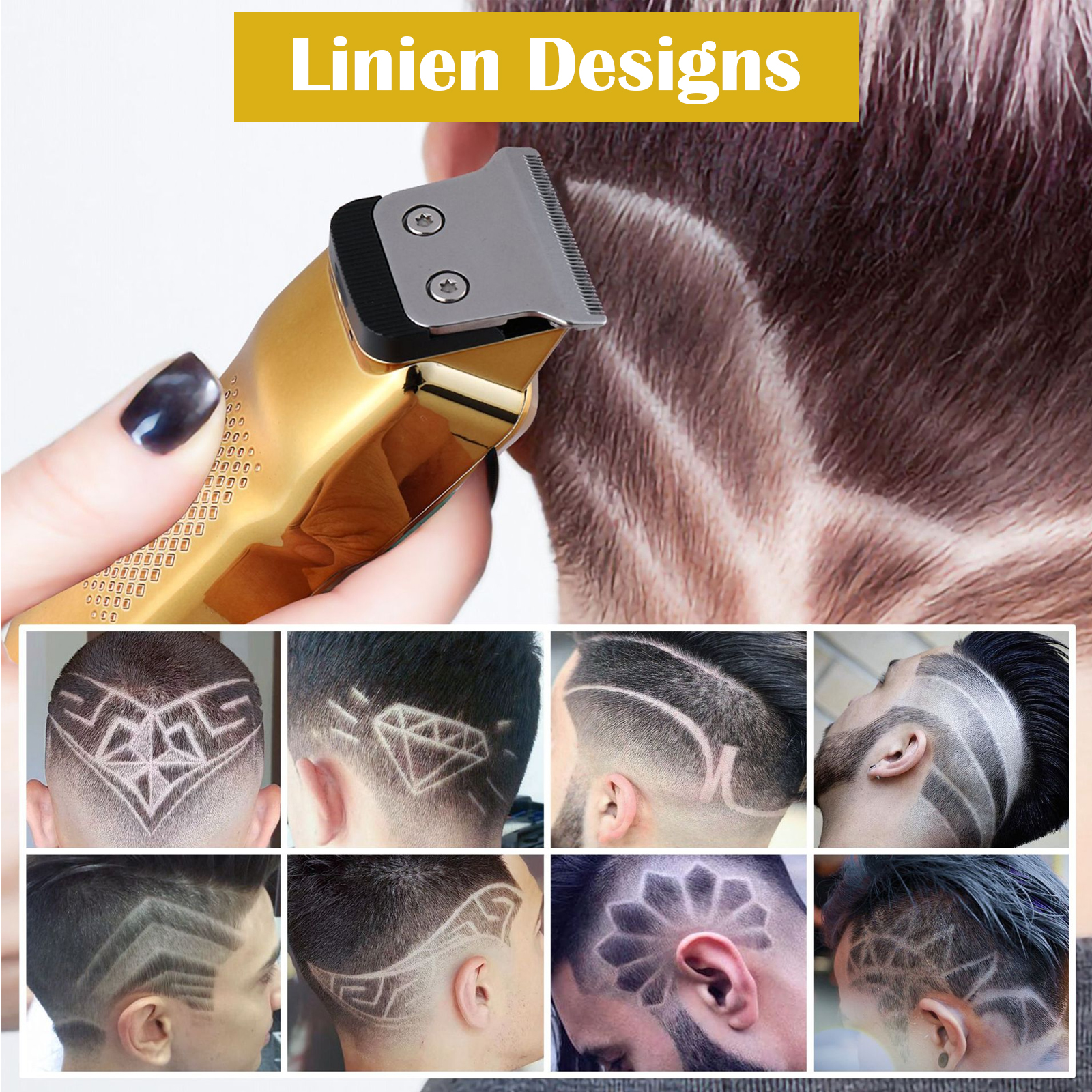 Eine Hand, die einen goldenen Haarschneider hält, mit verschiedenen Haardesigns darunter, beschriftet mit 'Linien Designs'.
