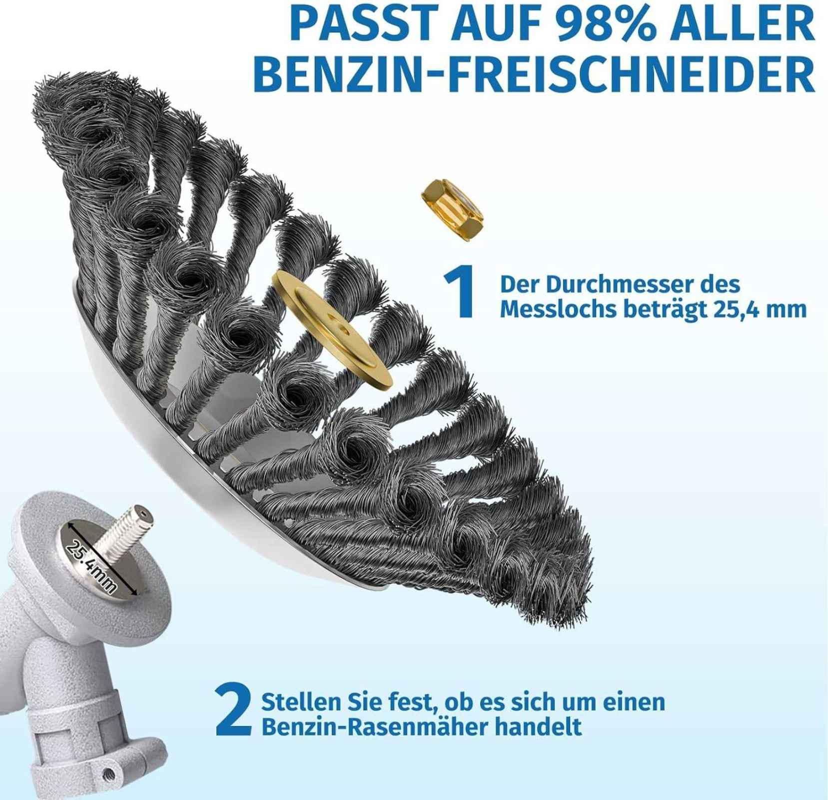 Eine Metallbürste für einen Rasentrimmer, mit einer Goldscheibe und einem Bolzen. Der Text lautet: 'Passend für 98 % aller Benzin-Trimmer.'