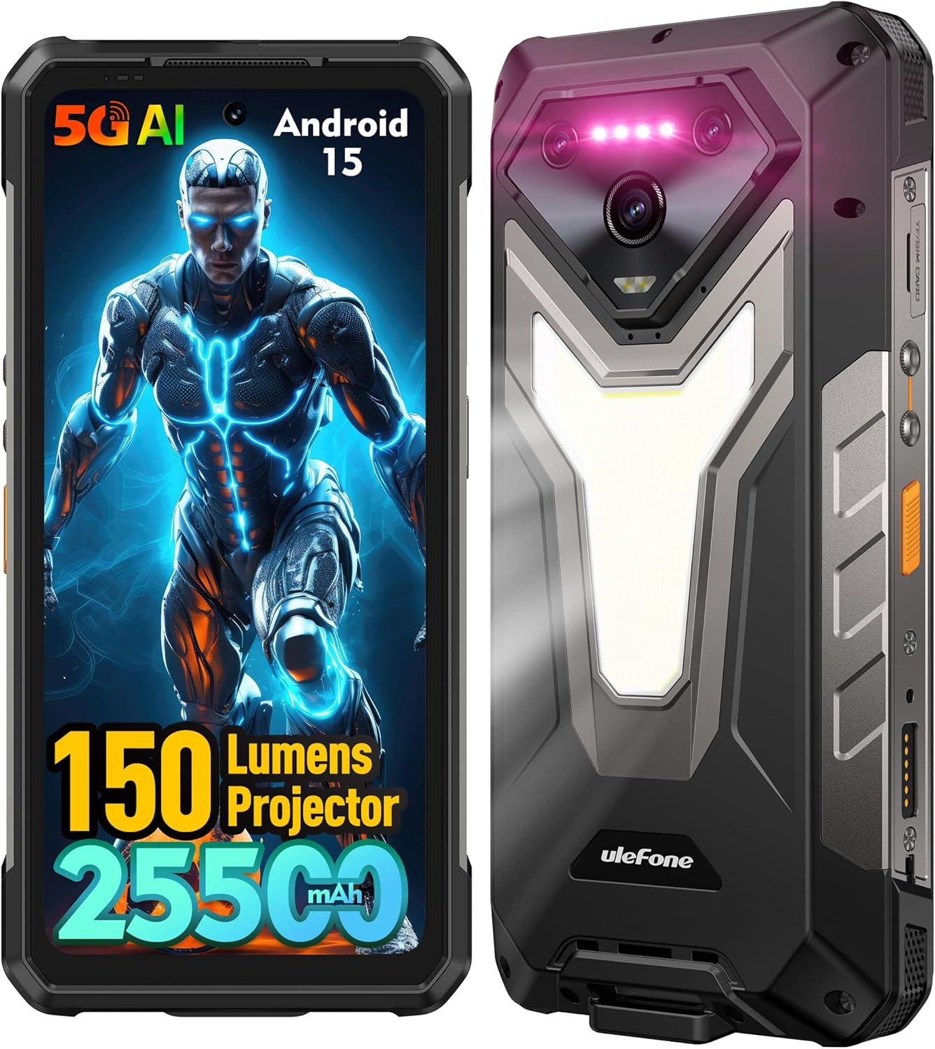 Smartphone resistente con 5G, Android 15, proiettore da 150 lumen e batteria da 25500 mAh. Design robusto, marchio Ulefone.