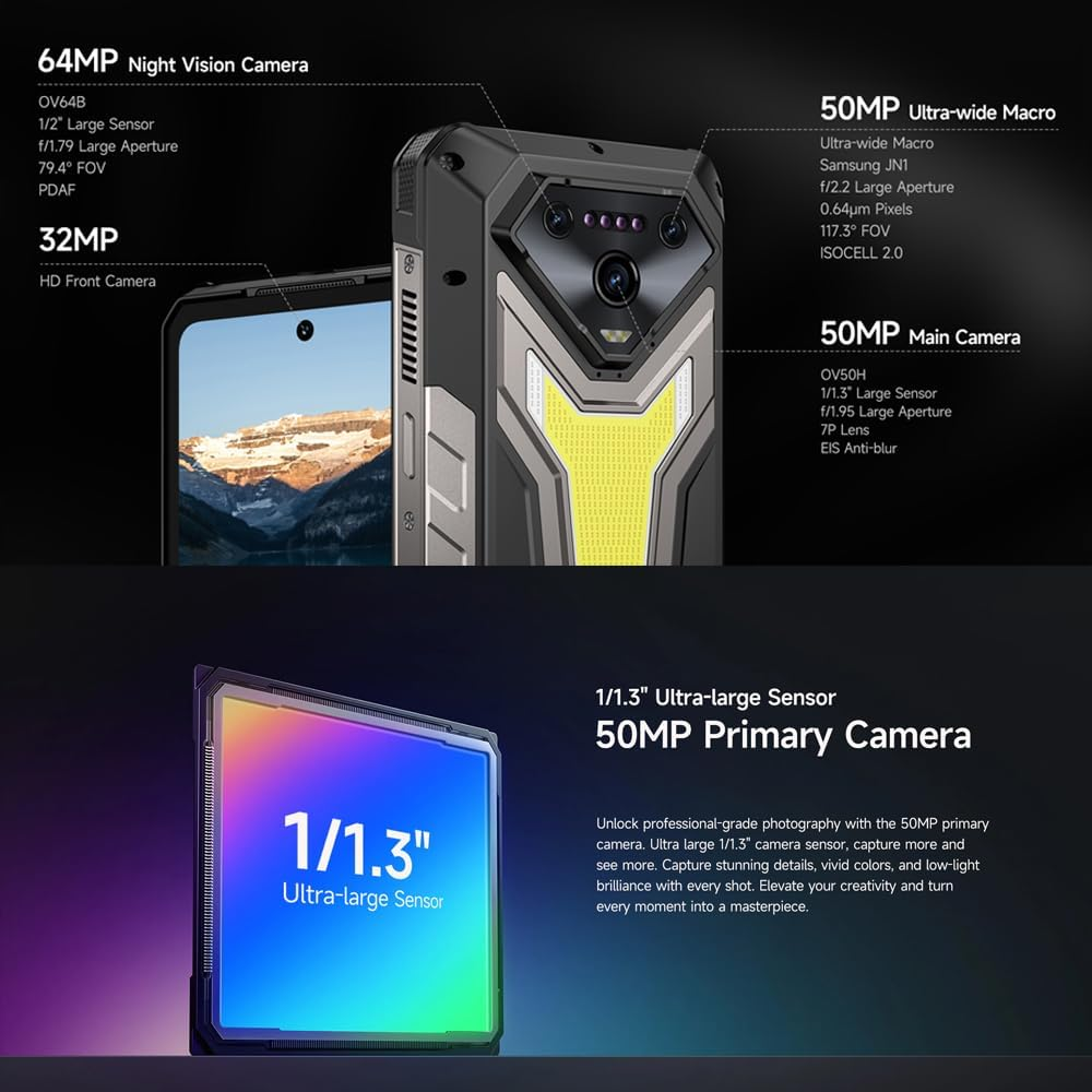 Caratteristiche dello smartphone: visione notturna da 64 MP, macro ultra grandangolare da 50 MP, fotocamera anteriore da 32 MP e fotocamera principale da 50 MP.