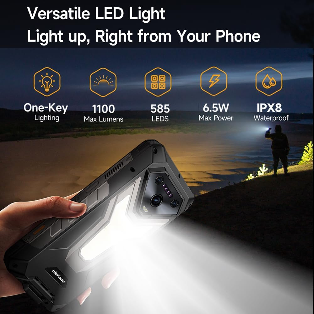 Smartphone robusto con luce LED versatile, che offre illuminazione a un tasto, 1100 lumen max e grado di impermeabilità IPX8.