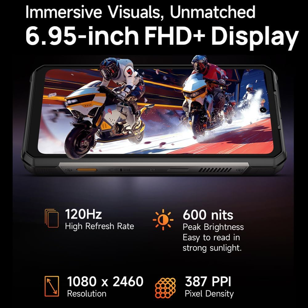 Display FHD+ da 6,95 pollici su uno smartphone robusto che mostra motociclisti su una pista da corsa. Alta frequenza di aggiornamento, display luminoso.