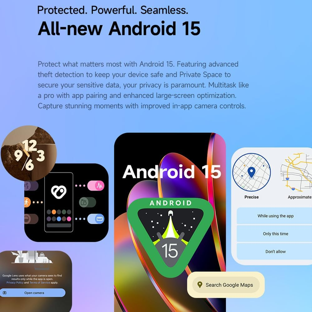 Funzionalità di Android 15: rilevamento furti, spazio privato, abbinamento app, ottimizzazione per schermi grandi, controlli della fotocamera migliorati.