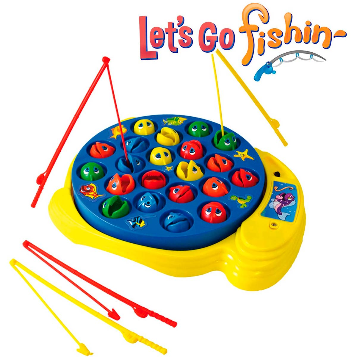 Gioco Let's Go Fishing. Una base circolare blu con pesci e canne da pesca. Base e canne da pesca gialle.
