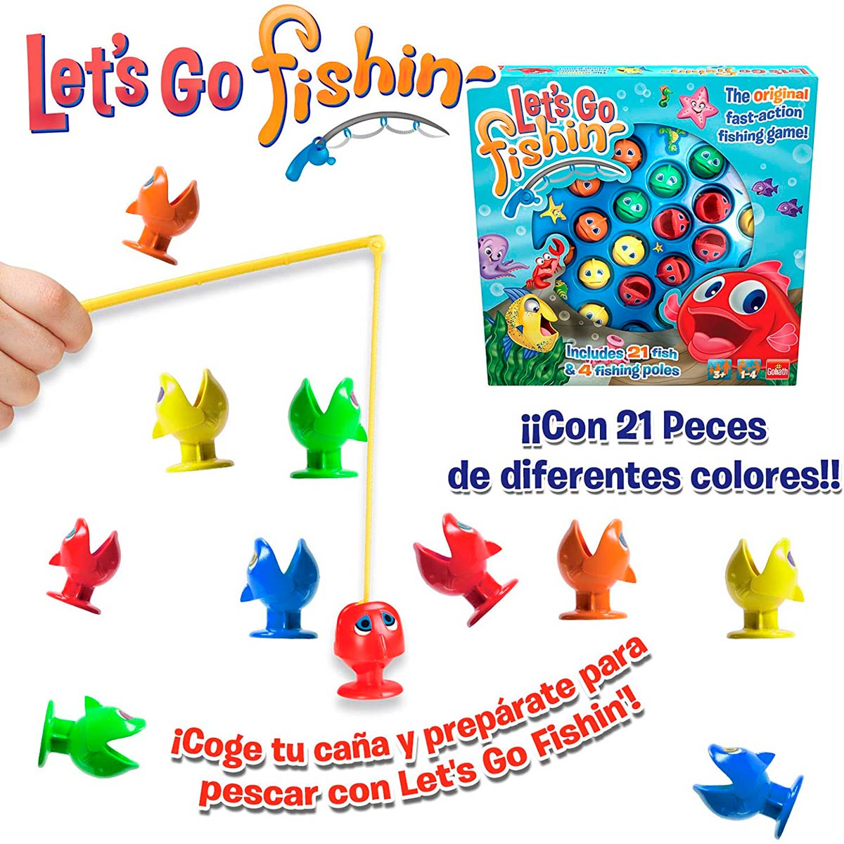 Set di gioco Let's Go Fishing. Include pesci, canne da pesca e scatola di gioco con grafica e testo colorati.