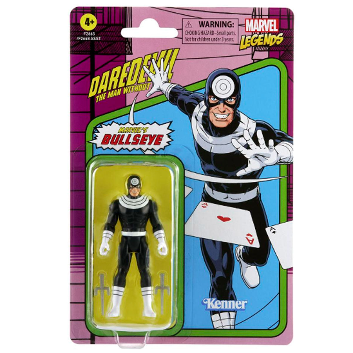 Figura de acción de Bullseye de Marvel Legends en su embalaje. La figura viste un traje blanco y negro.