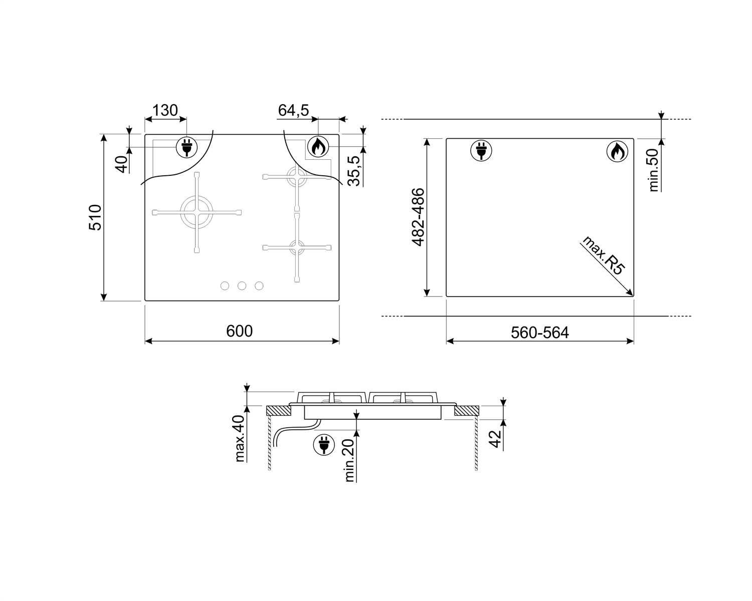 Disegno tecnico di un piano cottura che mostra le dimensioni. Include viste dall'alto, laterali e frontali con misure.