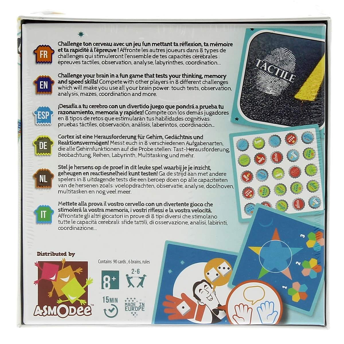 Dos de la boîte du jeu Cortex Challenge avec différentes langues expliquant le jeu et ses défis.