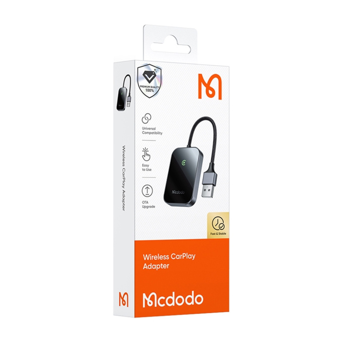 Eine weiße und orangefarbene Schachtel mit einem drahtlosen CarPlay-Adapter und Produktinformationen.