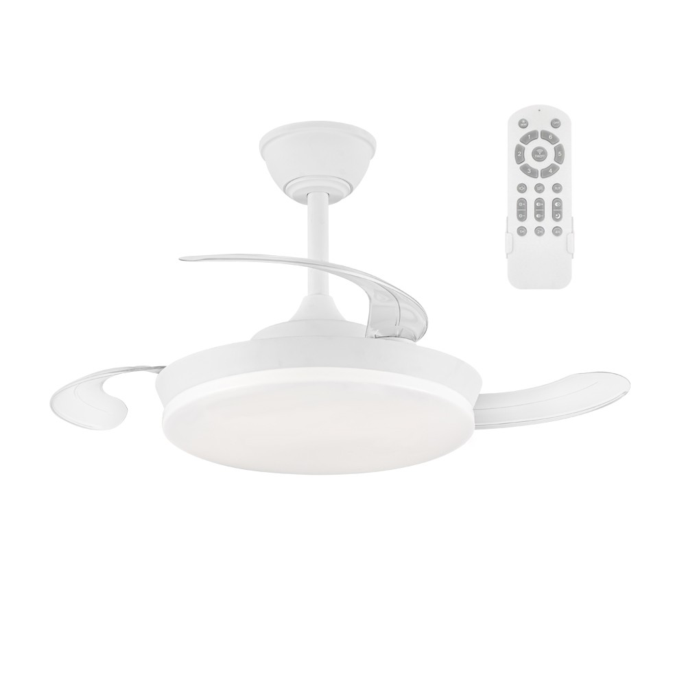 Ventilador de techo blanco con luz LED integrada y mando a distancia, aislado.
