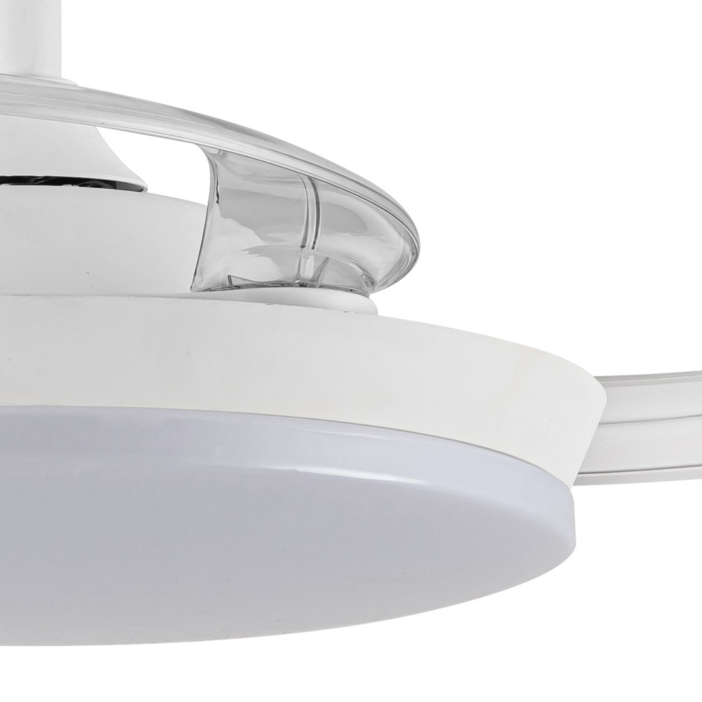 Primer plano de un ventilador de techo blanco con una cubierta de plástico transparente en la luz.