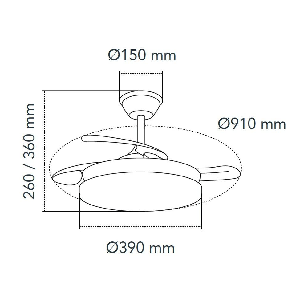 Diagrama de un ventilador de techo con medidas en mm. El ventilador tiene tres aspas y una luz.