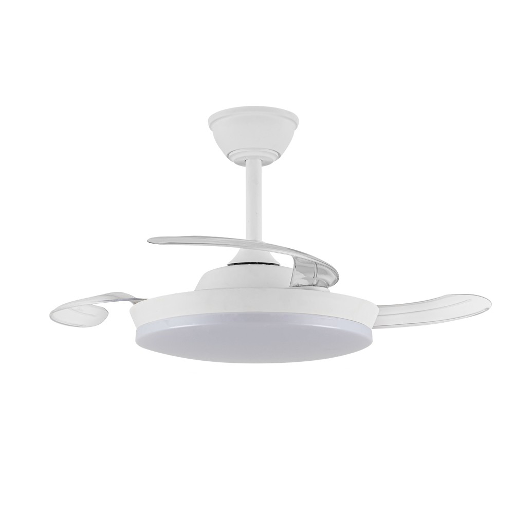 Ventilador de techo blanco con aspas transparentes sobre fondo blanco.