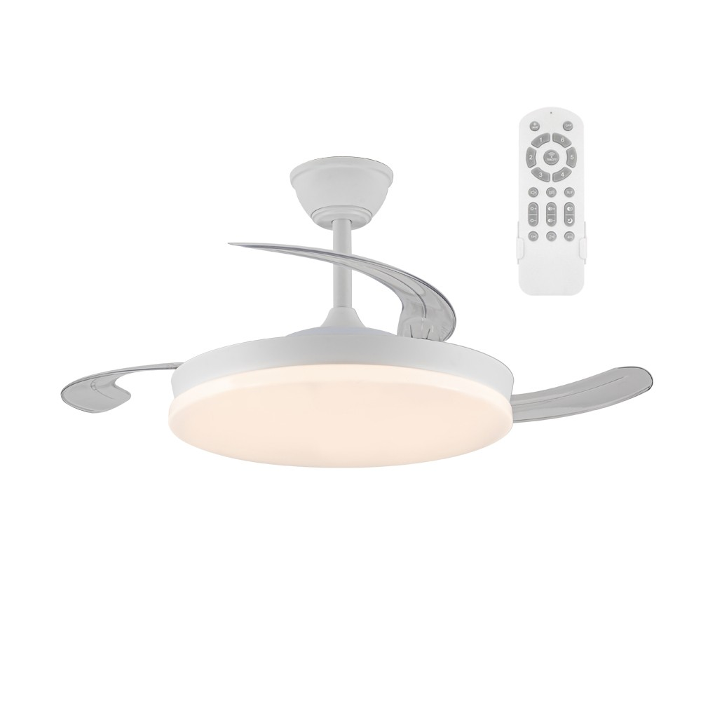 Ventilador de techo blanco con dos aspas, una luz central y un mando a distancia sobre un fondo blanco.