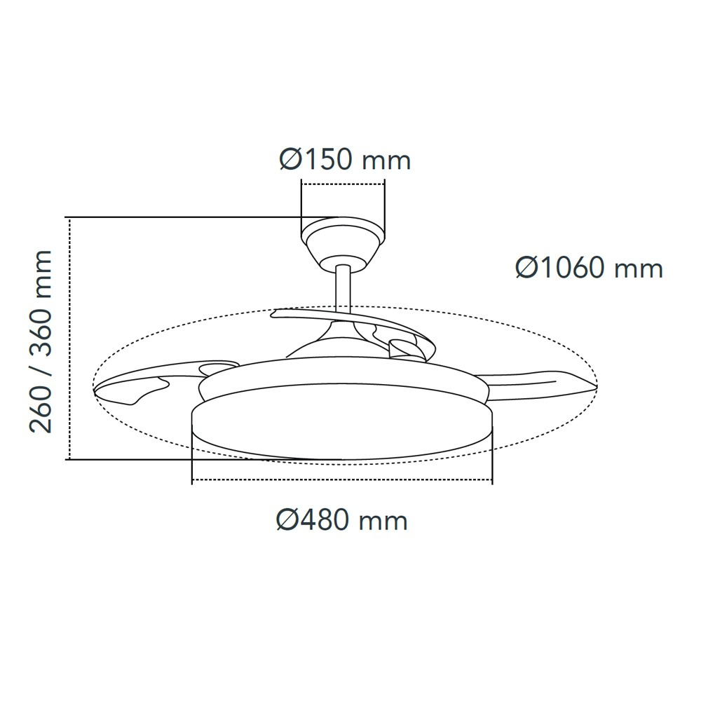 Vista superior de un ventilador de techo con dimensiones indicadas.