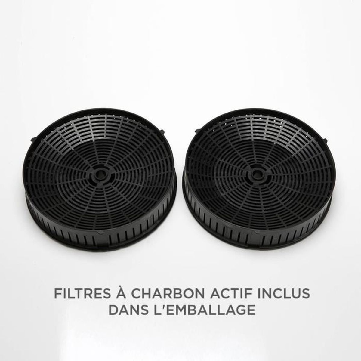 Dos filtros de carbón activado negros para una campana extractora, con texto en francés.