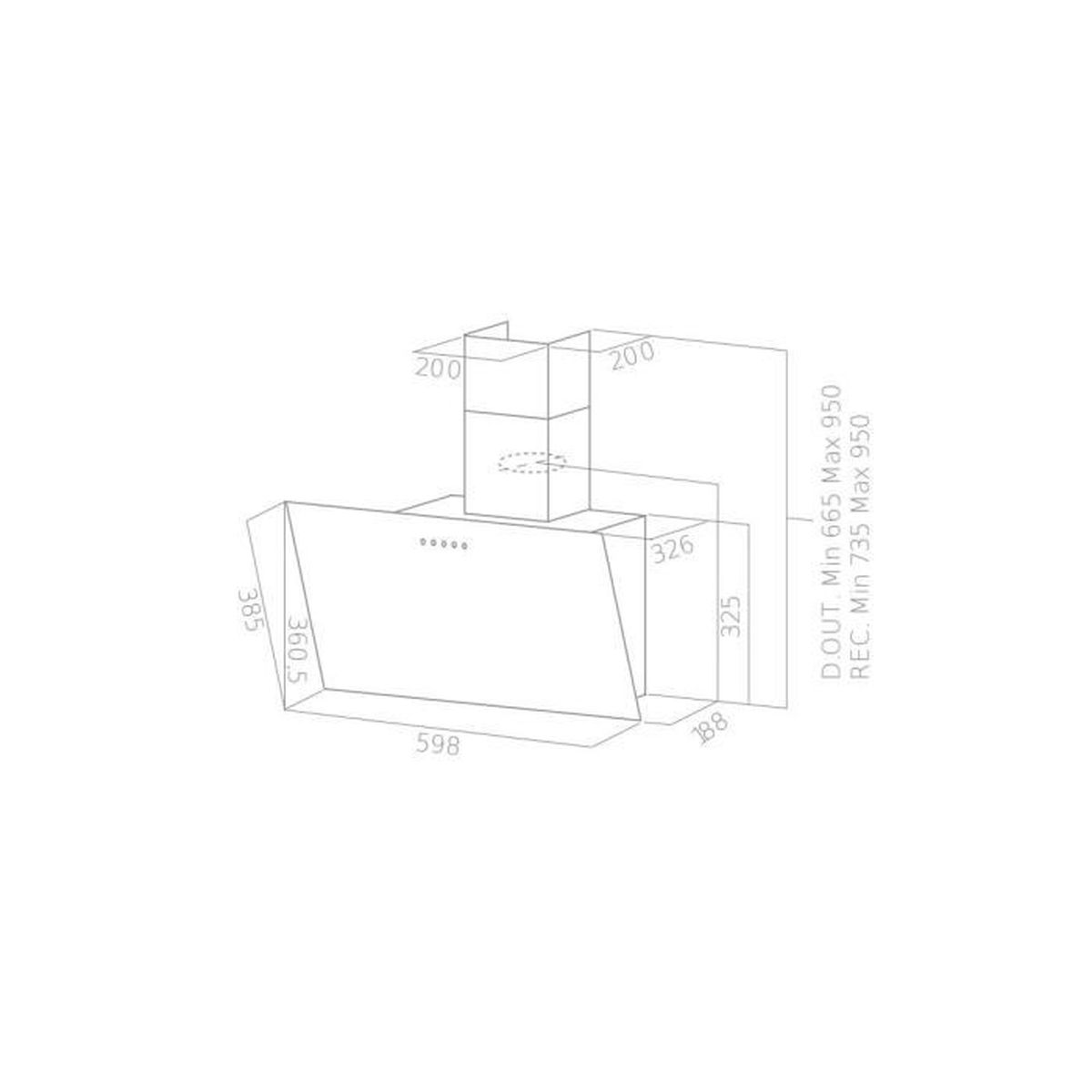 Un dibujo técnico de una campana extractora con dimensiones y etiquetas de medición.