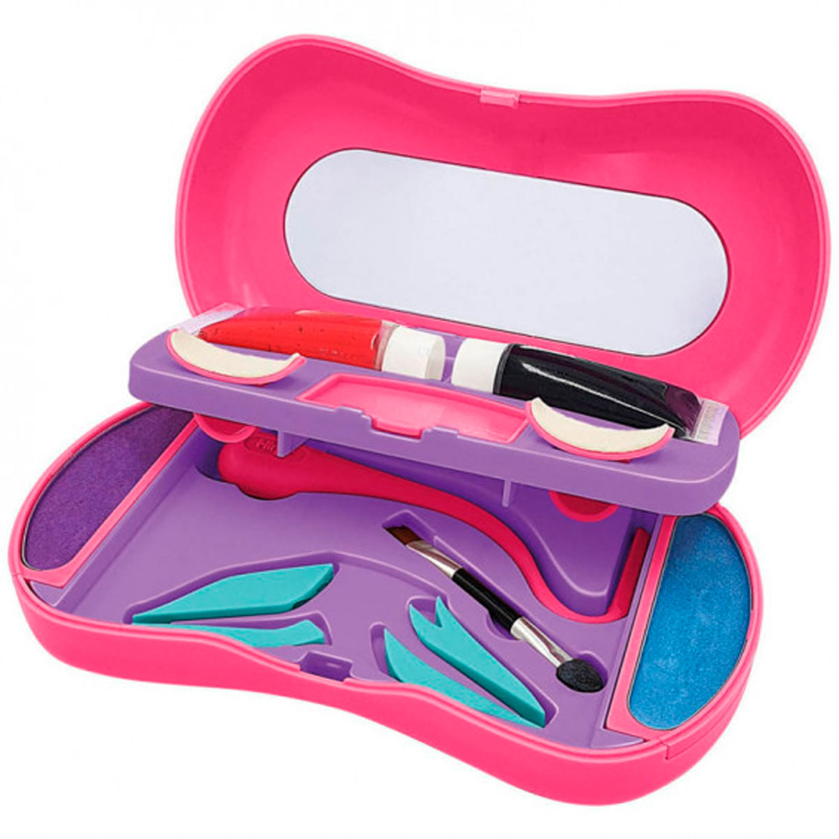 Offenes rosa Make-up-Set mit Spiegel, roten, schwarzen und rosa Tuben sowie türkisfarbenen Applikatoren.