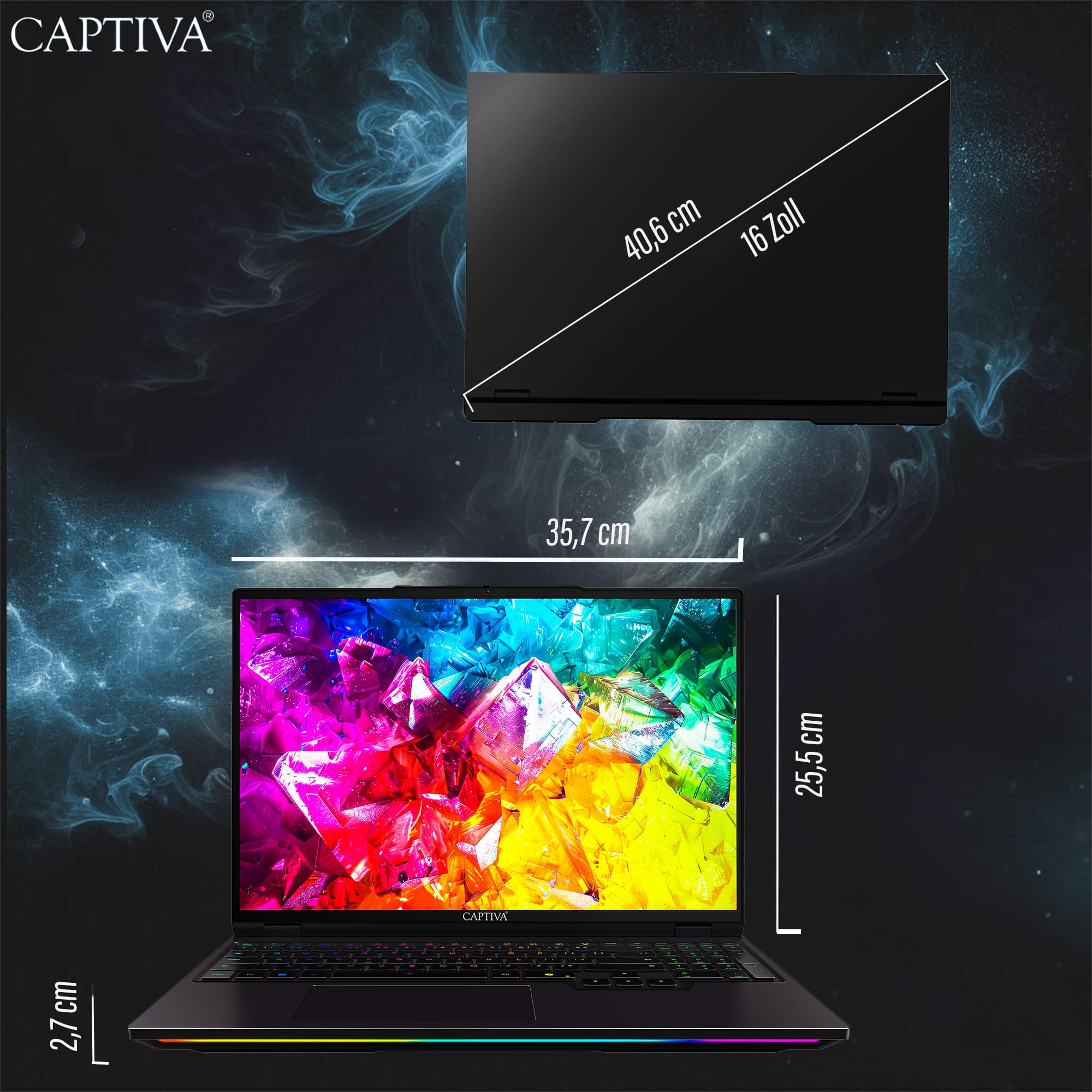 Otwarty laptop Captiva, wyświetlane wymiary, kolorowy ekran i czarna klawiatura.