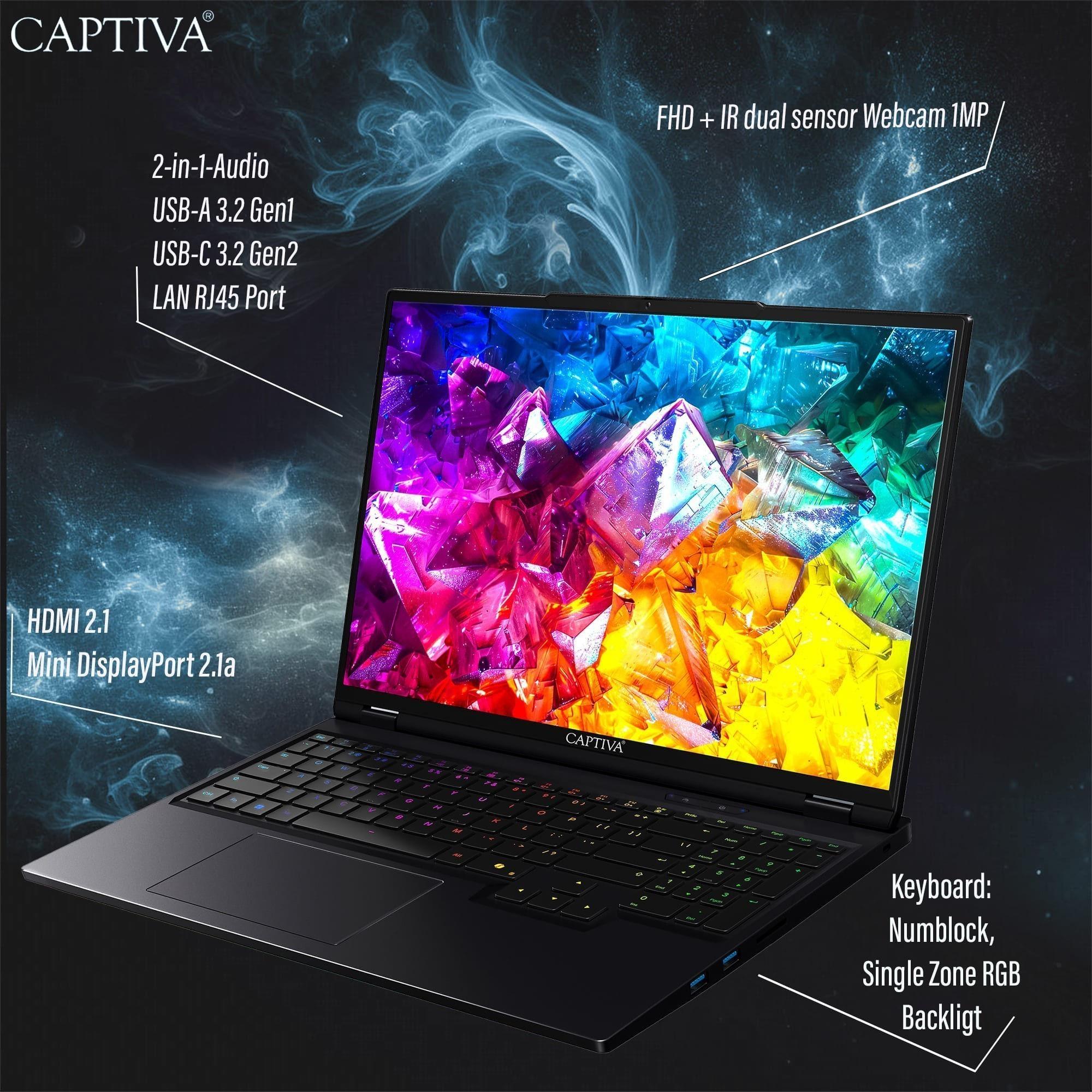 Ein schwarzer Captiva-Laptop ist geöffnet und zeigt einen farbenfrohen Bildschirm mit hervorgehobenen technischen Daten.
