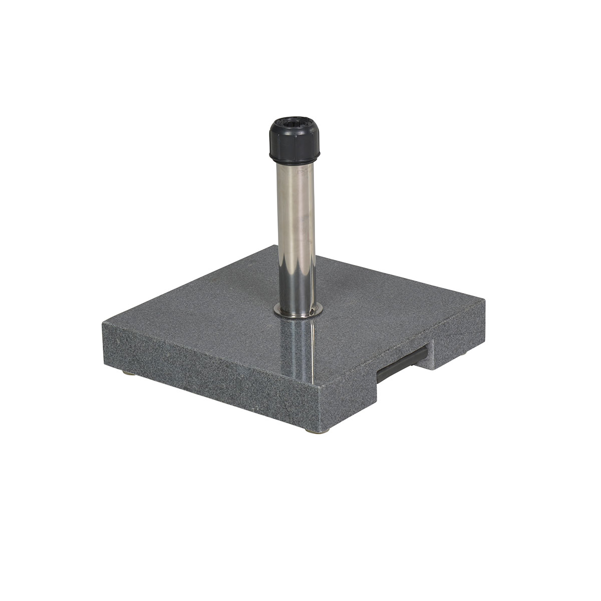 A square, gray granite umbrella base with a central metal pole.