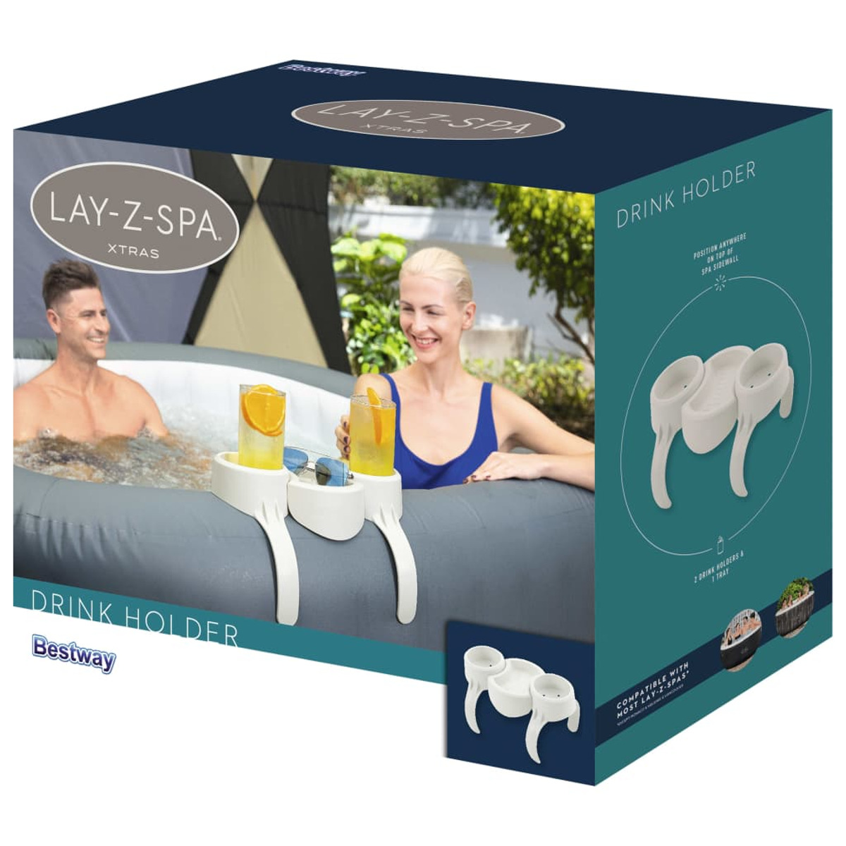 Doos voor een Lay-Z-Spa drankhouder, met een stel in een spa met bevestigde drankhouders.