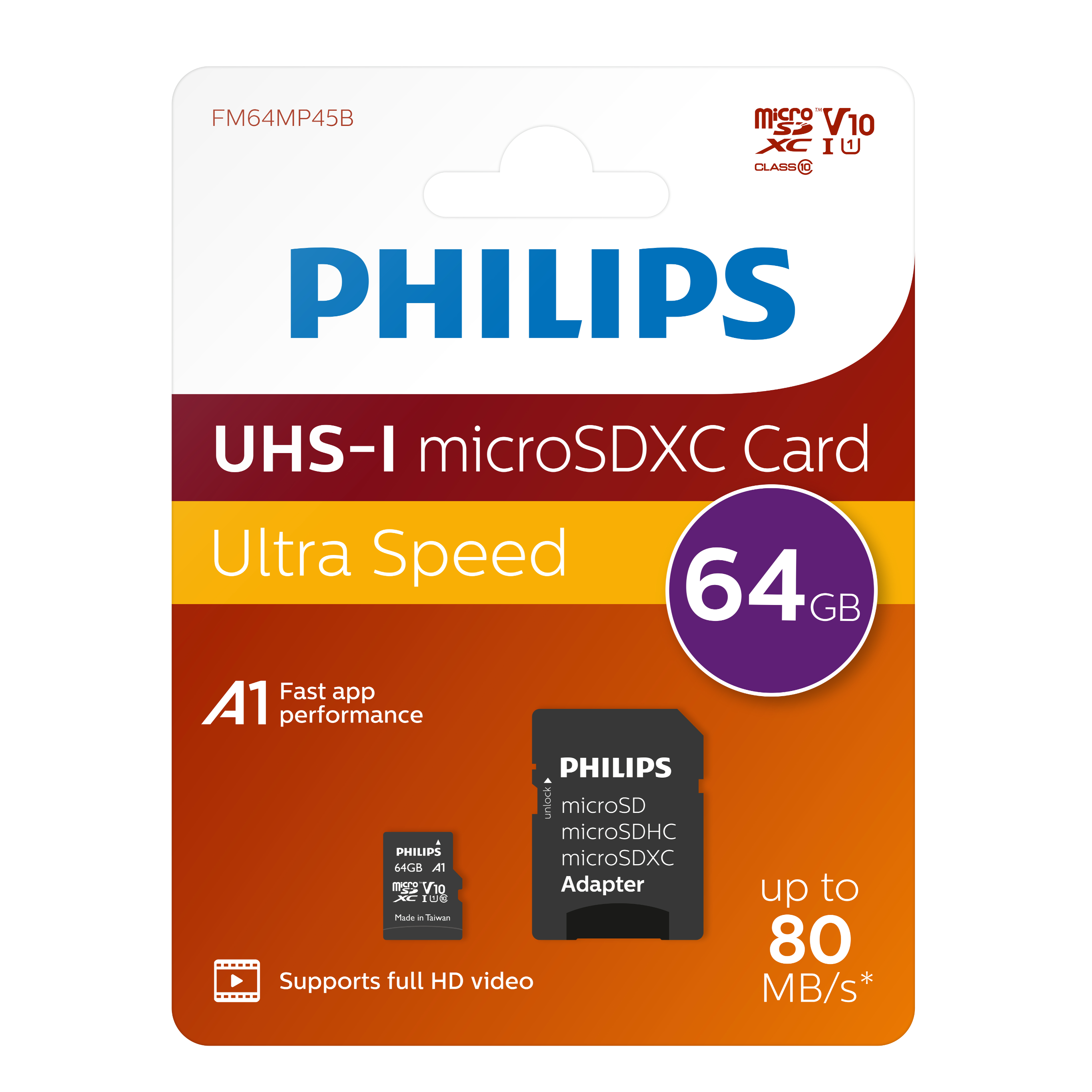 Philips 64GB micro SD-Kartenverpackung mit Karte und Adapter. Text: Ultra Speed, 41 Performance.