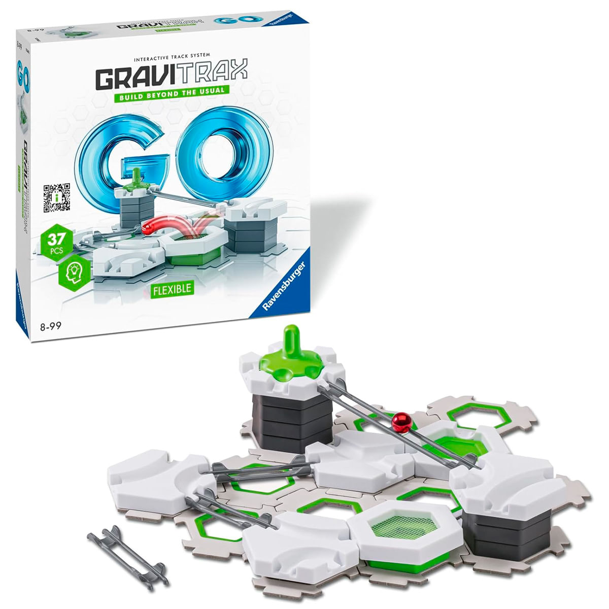Un sistema di binari GraviTrax Go con scatola, pezzi di binario e una palla rossa. Bianco, verde e grigio.
